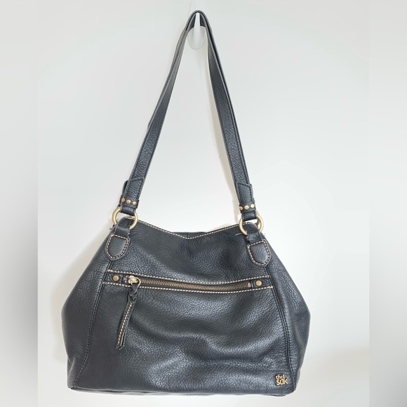 The Sak Dark Gray Soft Pebbled‎ Leather Bag Double Handle Hobo Purse Women - Picture 1 of 11